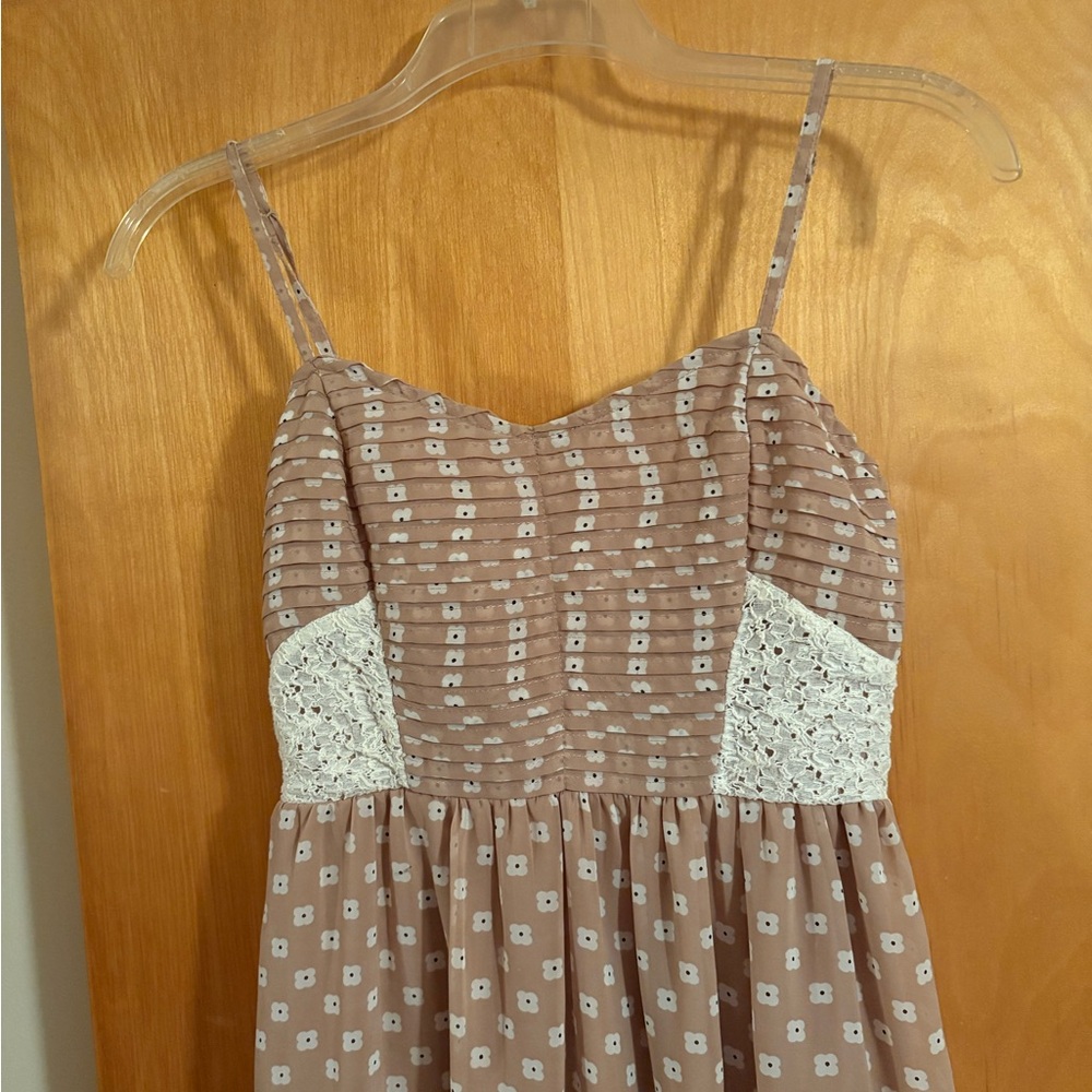 Bar III 🤍 Tan Mini Dress with Floral Dots, Pleated Bodice and Lace Accents